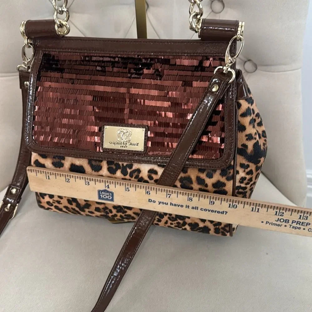 Sharif Leopard Print Satchel with Rose Gold Sequined Flap and Brown Trim